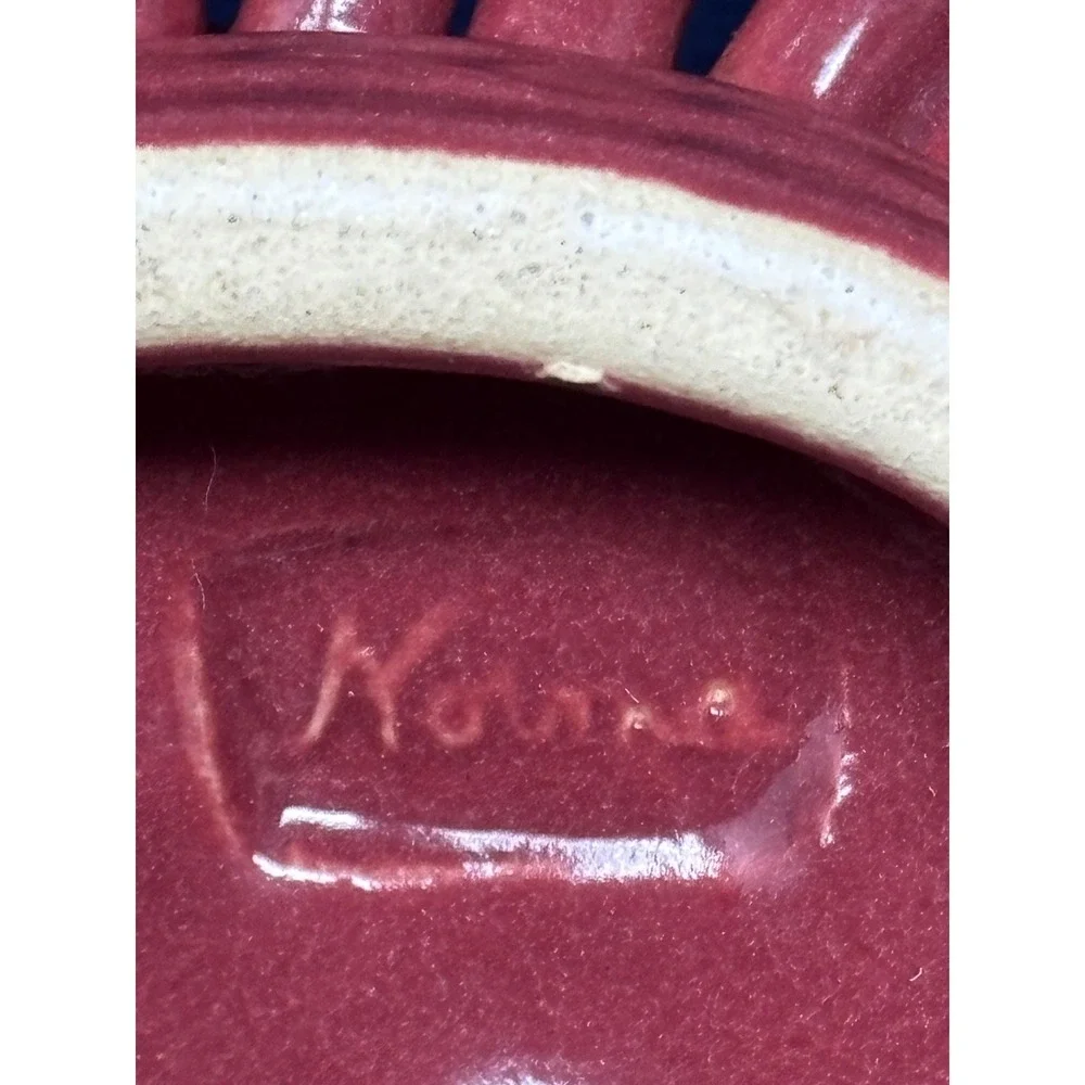 Signed Ceramic Woven Lattice Bread Basket Bowl Cranberry Red Glazed Oval‎ 9in